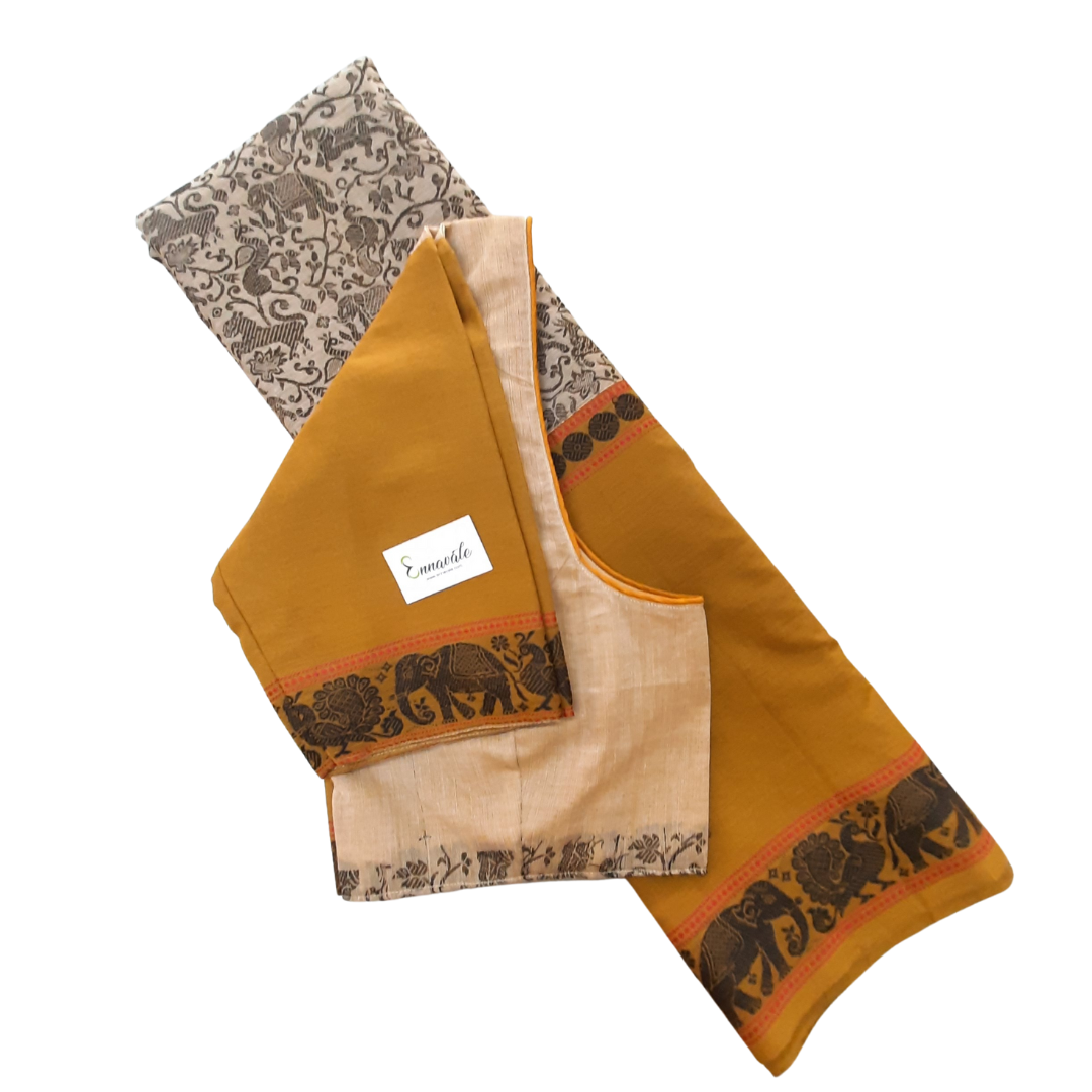 Chettinad Cotton Saree + Kalamkari blouse : Grey x Blue main image 1